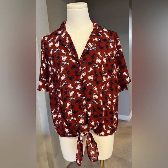 Monteau Brown, White, & Navy Dog Print Collared Tie-Front Button-Down Blouse - Picture 1 of 10